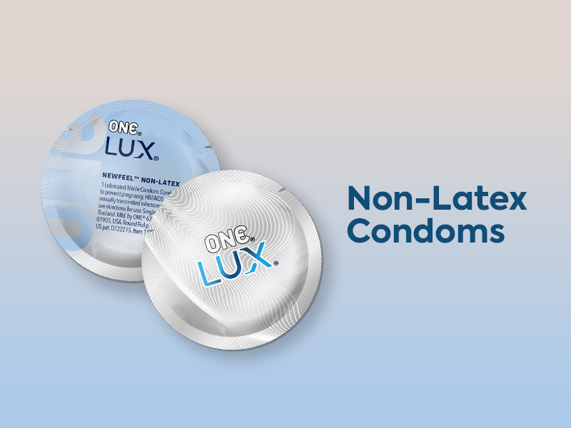 Image of ONE Lux Non-Latex Condoms with text "Non-Latex Condoms" Blog image for "Signs You Might Be Allergic to Latex Condoms."