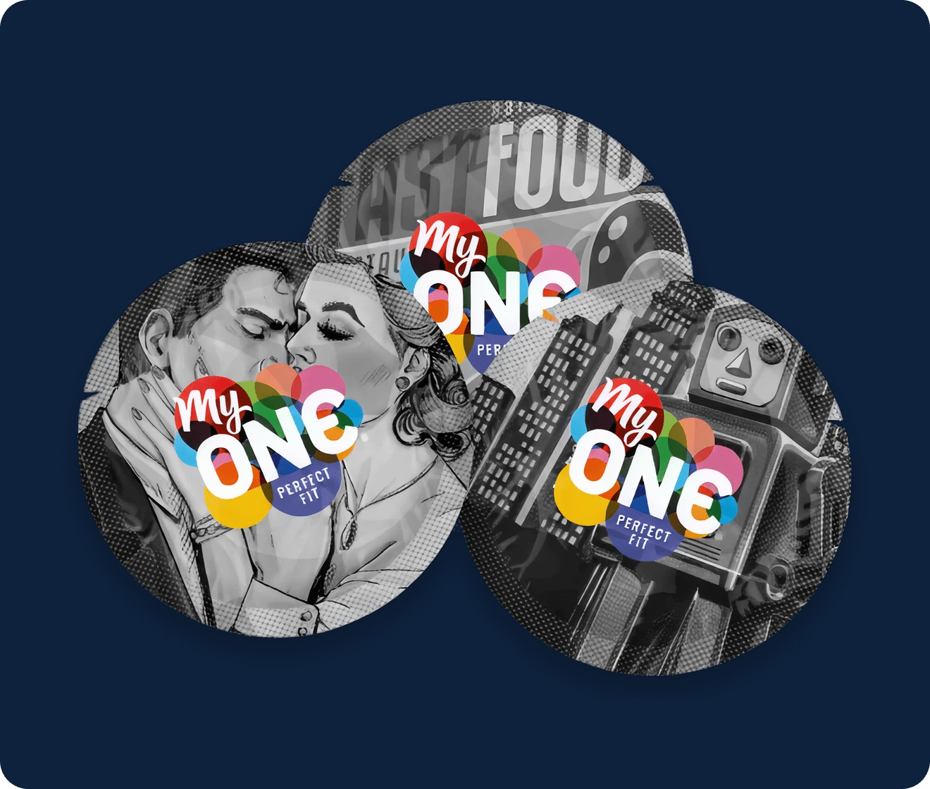 three condom wrappers with blue background