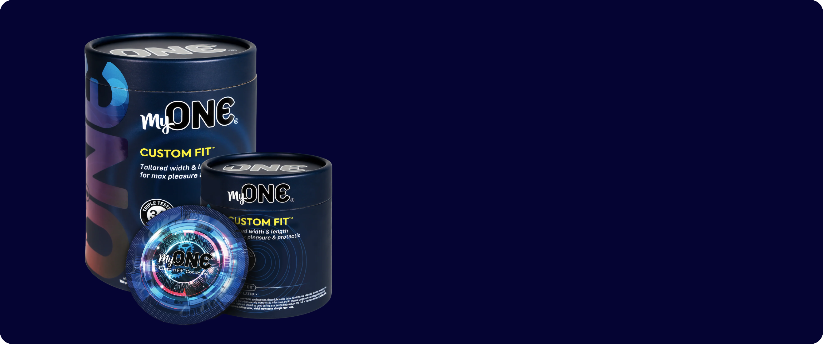 myone condoms with three different sizes with blue background
