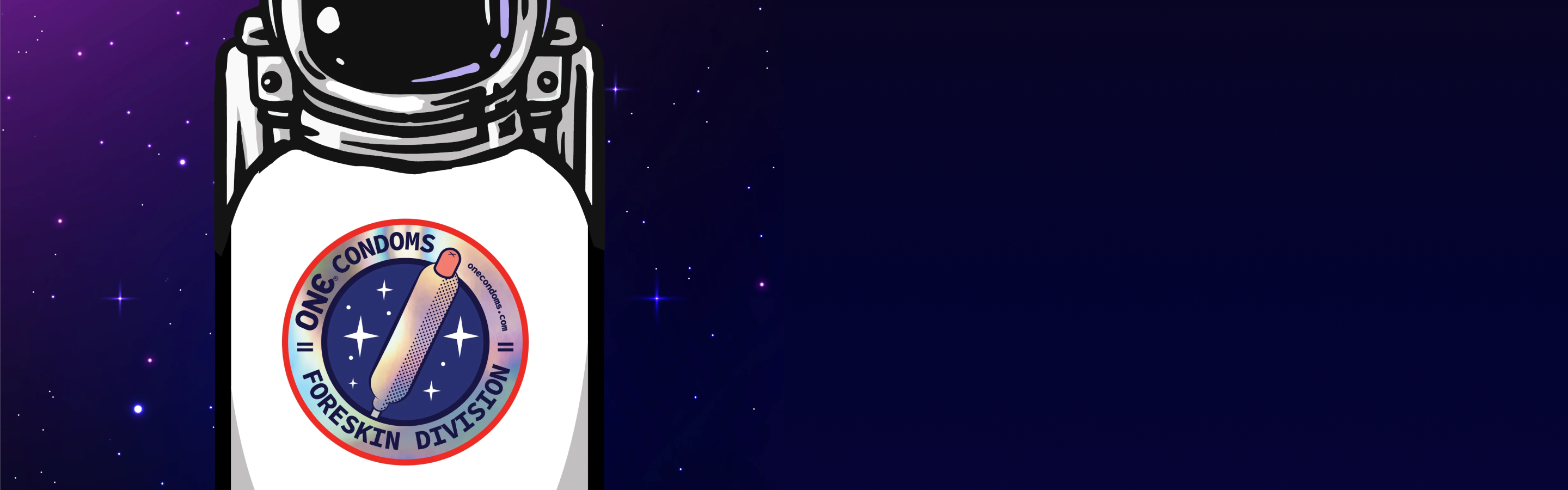 space suit cartoon with one condoms logo