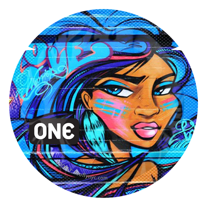Colorful circular design with a stylized face and the word 'ONE' on a white background