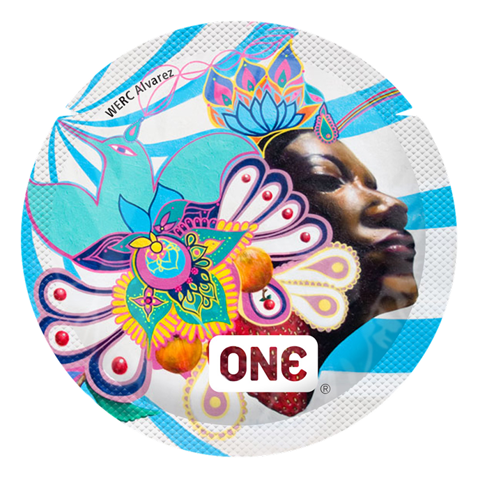 Colorful product packaging with floral designs and a person's face, featuring the brand 'ONE'.