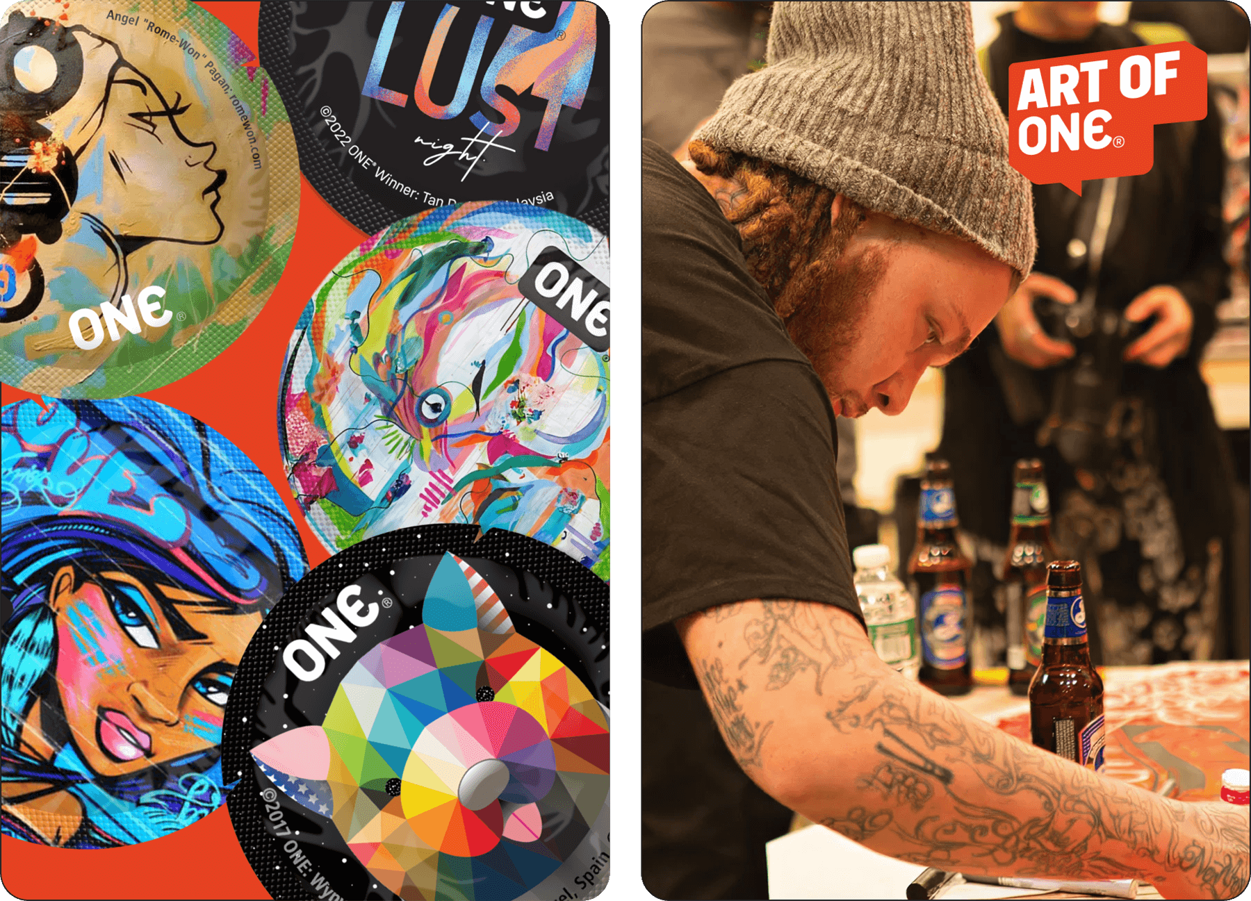 Collage of colorful art pieces with a tattoo artist at a convention.