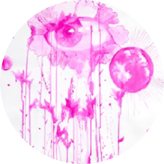 Pink abstract art with flowers and splashes on a white background