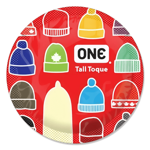 Red container with colorful toques and 'ONE' branding on a black background