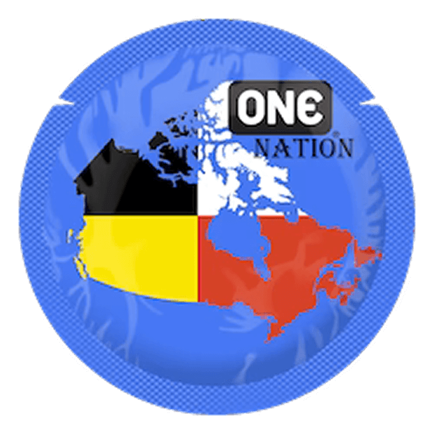 Map of North America with a blue, red, and yellow design and 'ONE NATION' text on a blue circular background.