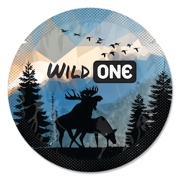 Circular design with moose silhouette, mountains, and 'Wild One' text.