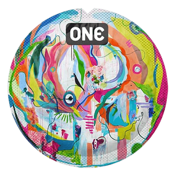 Colorful abstract design with 'ONE' logo on a black background