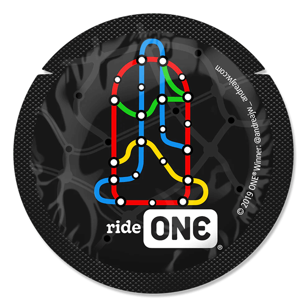 Circular product with colorful line art and 'ride ONE' branding on a textured black background
