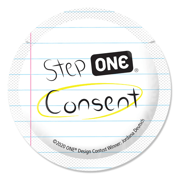 Circular sticker with 'Step ONE Consent' text on a lined paper background