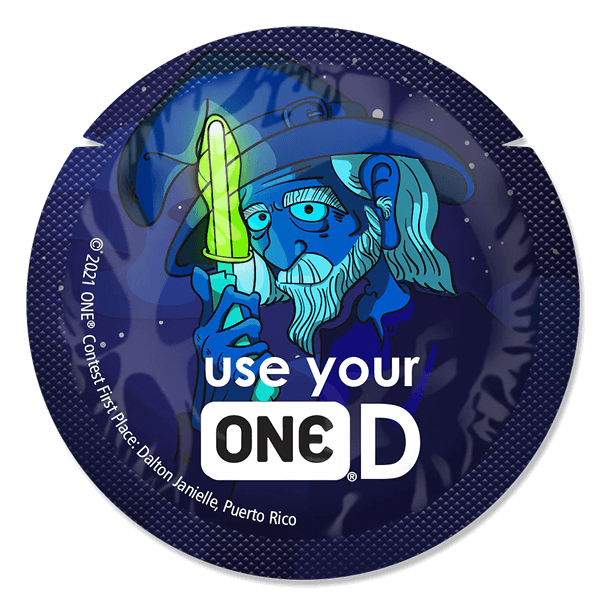 Circular product with blue character holding a green object, featuring 'use your ONE D' text on a dark background.
