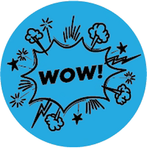 Circular blue sticker with 'WOW!' text and decorative elements on a blue background