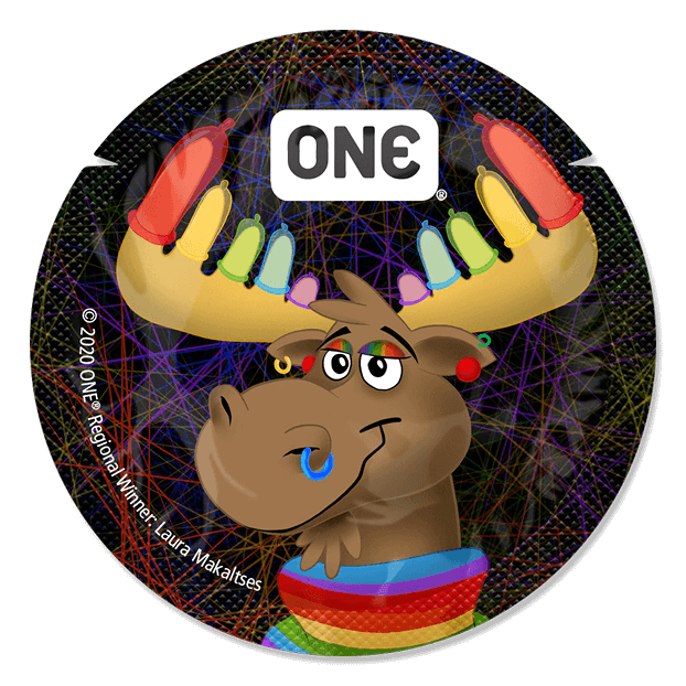 Circular design with a moose wearing colorful antlers and rainbow-colored eyes, featuring the 'ONE' logo.