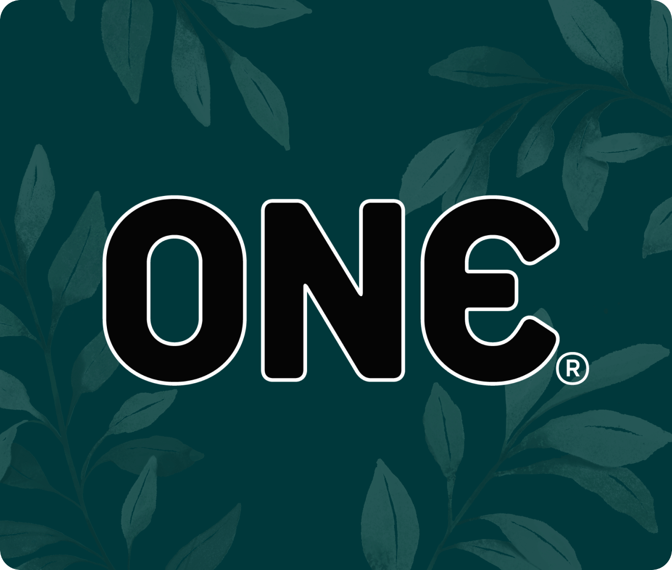 Black 'ONE' logo on a dark green leafy background