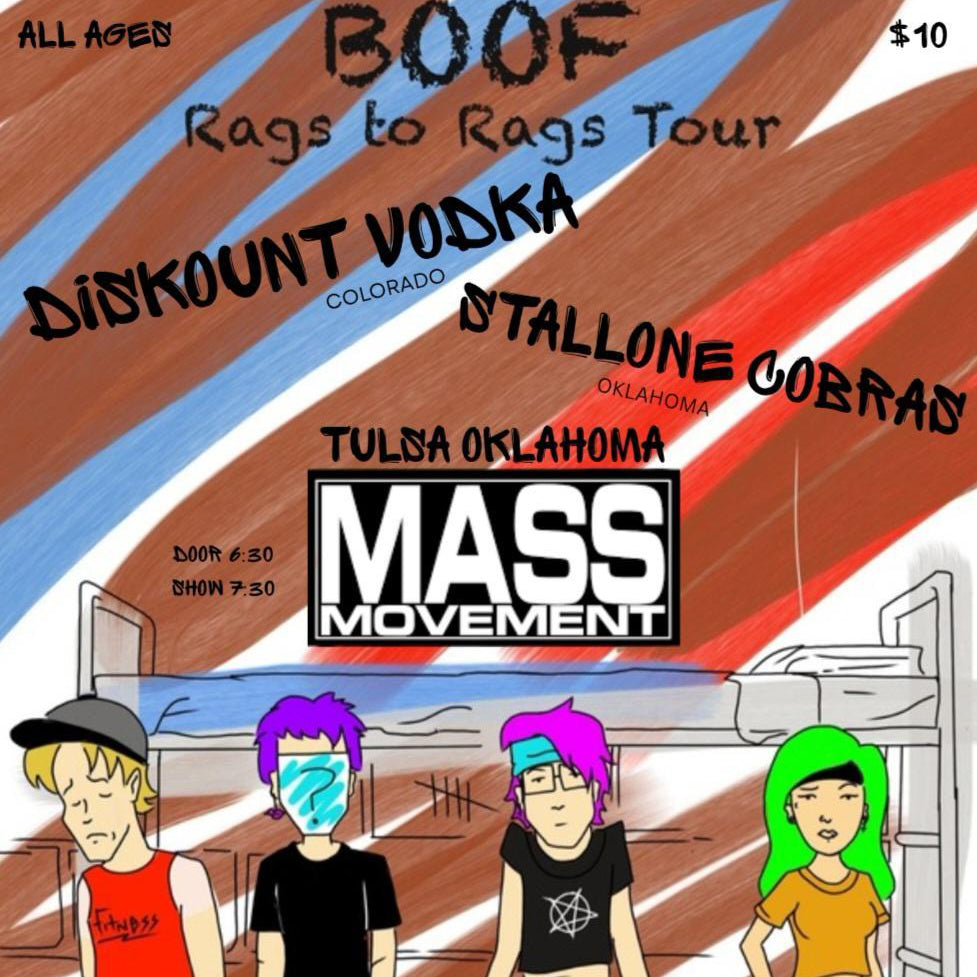 Promotional poster for a concert featuring 'Mass Movement' with event details and band members.