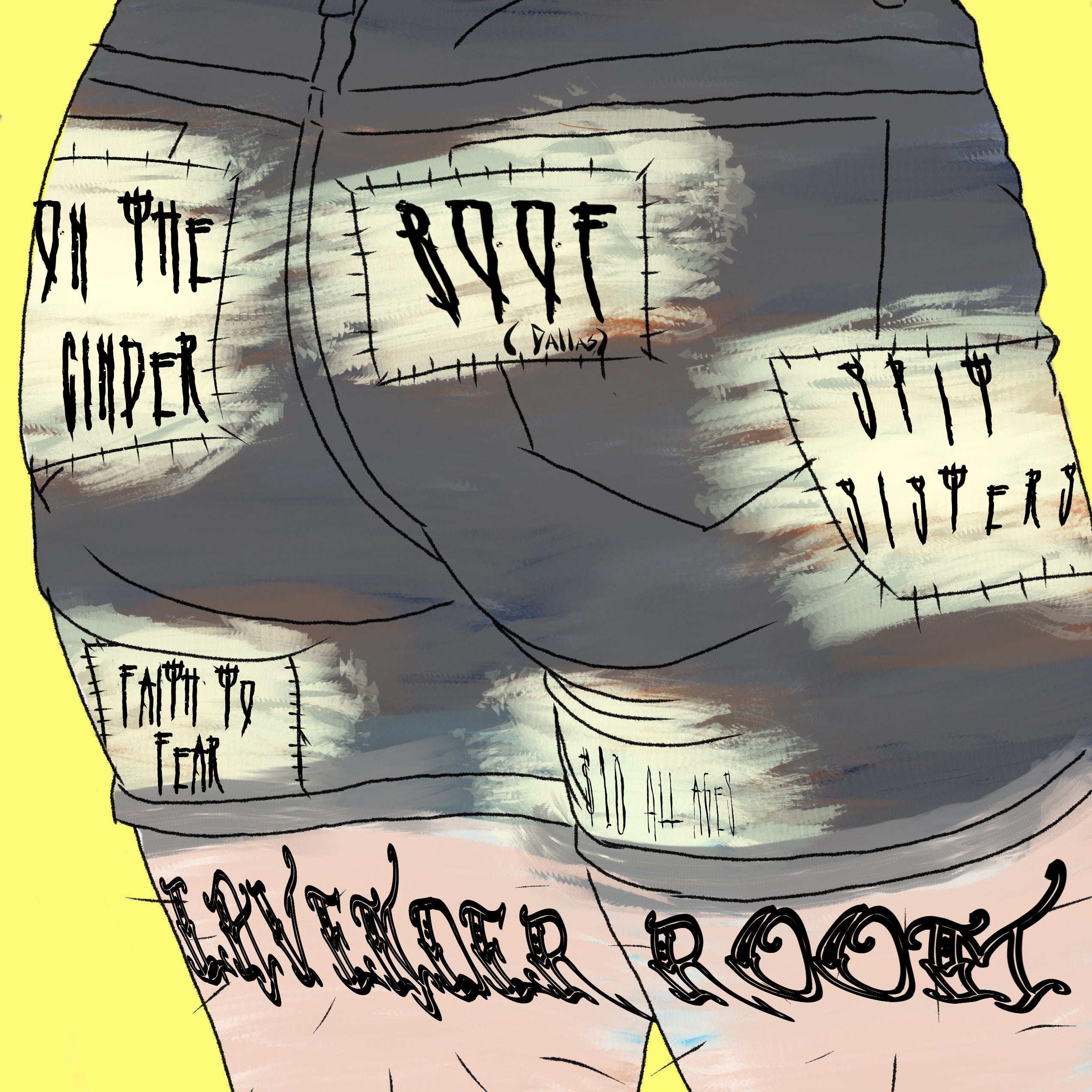 Cartoonish depiction of a person wearing pants with text on a yellow background