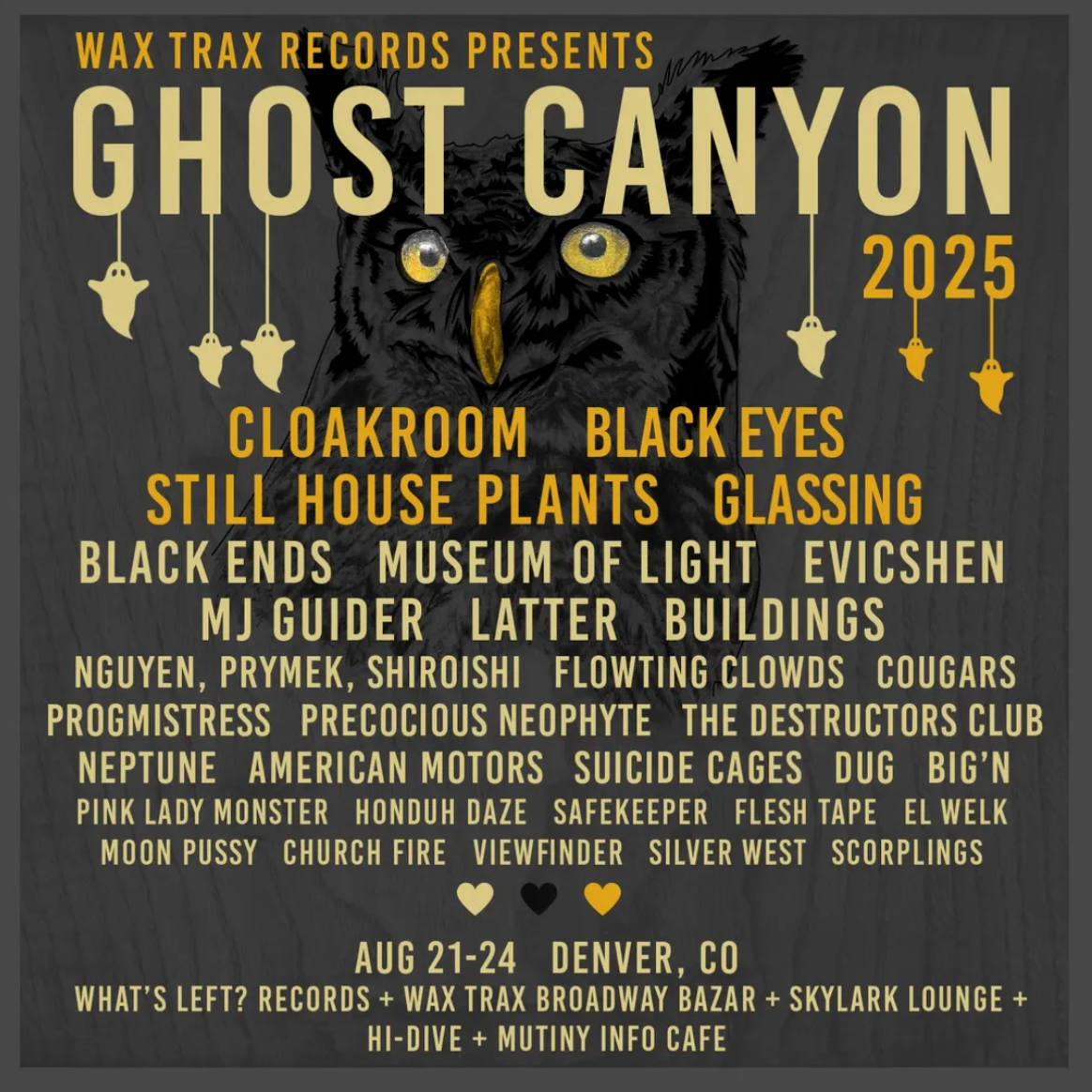 Promotional poster for Wax Trax Records' Ghost Canyon 2025 event featuring an owl and a list of bands.