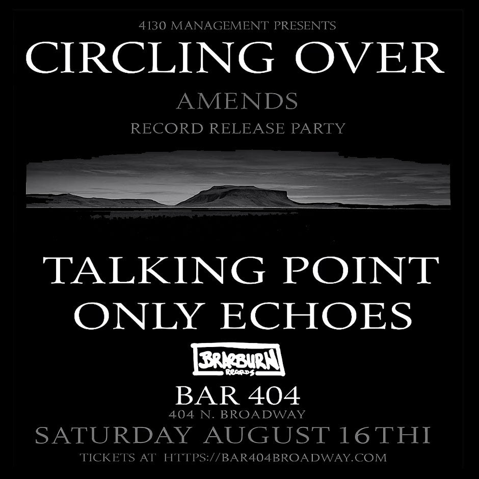 Promotional poster for a record release party at Bar 404 with text and a black and white landscape image.