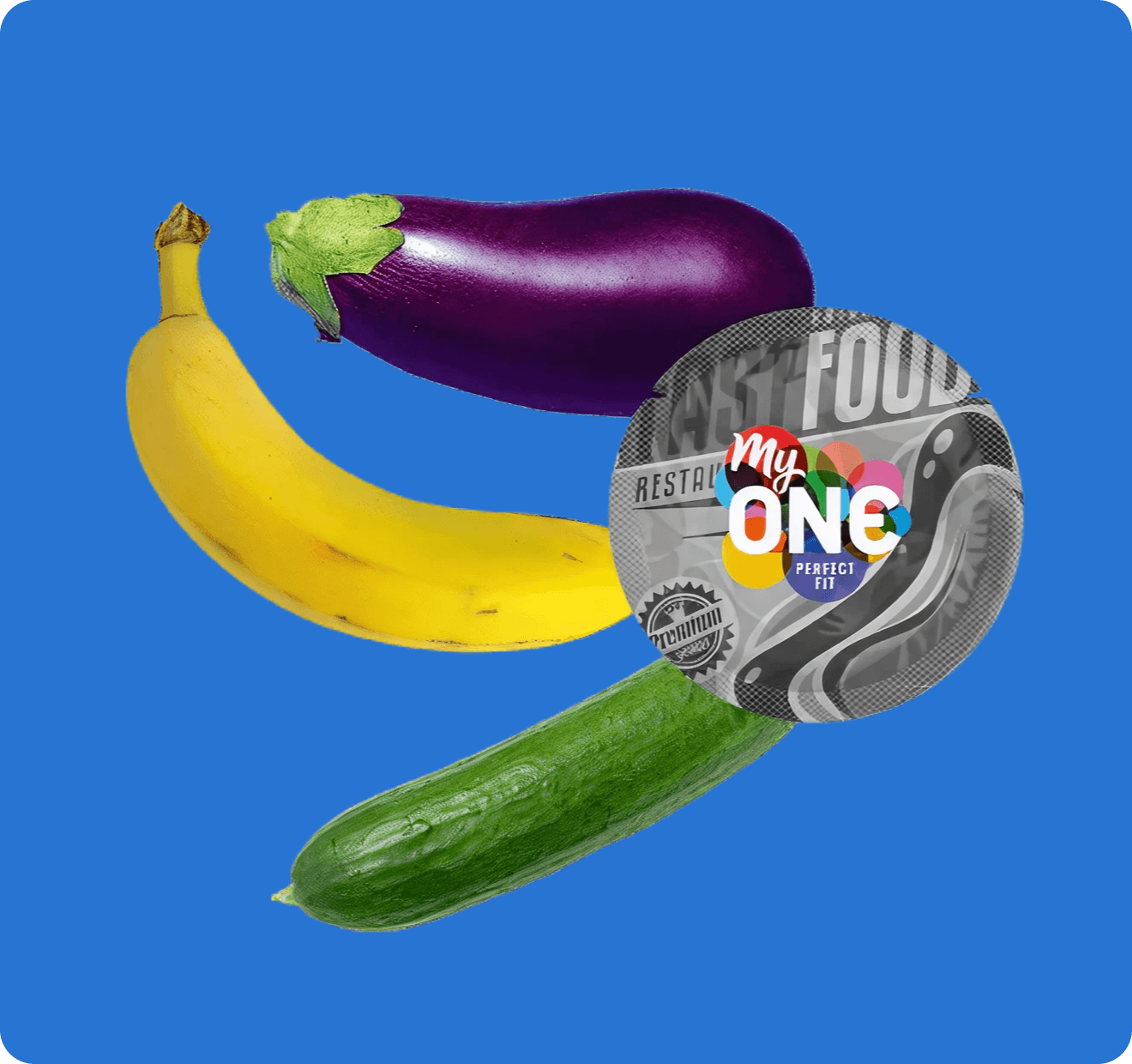 cucumber, eggplant, banana, and condom wrapper with blue background