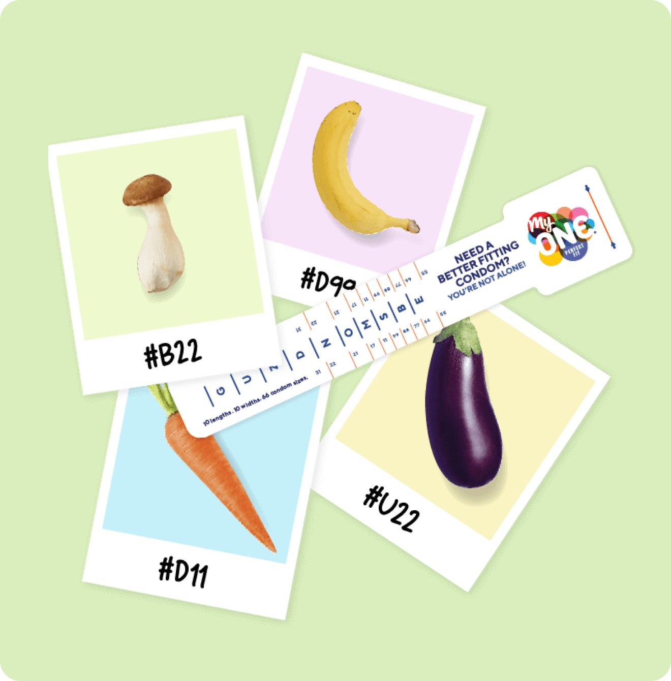 mushroom, banana, cucumber, eggplant Polaroid pcitures with fitkit and green background
