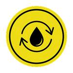 Yellow circular icon with a black drop and two curved arrows on a black background