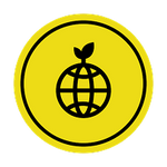 Yellow circle with a black globe and leaf icon on a black background