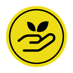 Yellow circular icon with a hand holding a leaf on a black background