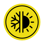 Circular logo with a black snowflake and sun design on a yellow background