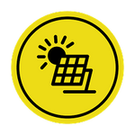 Yellow circle with a black solar panel icon on a black background