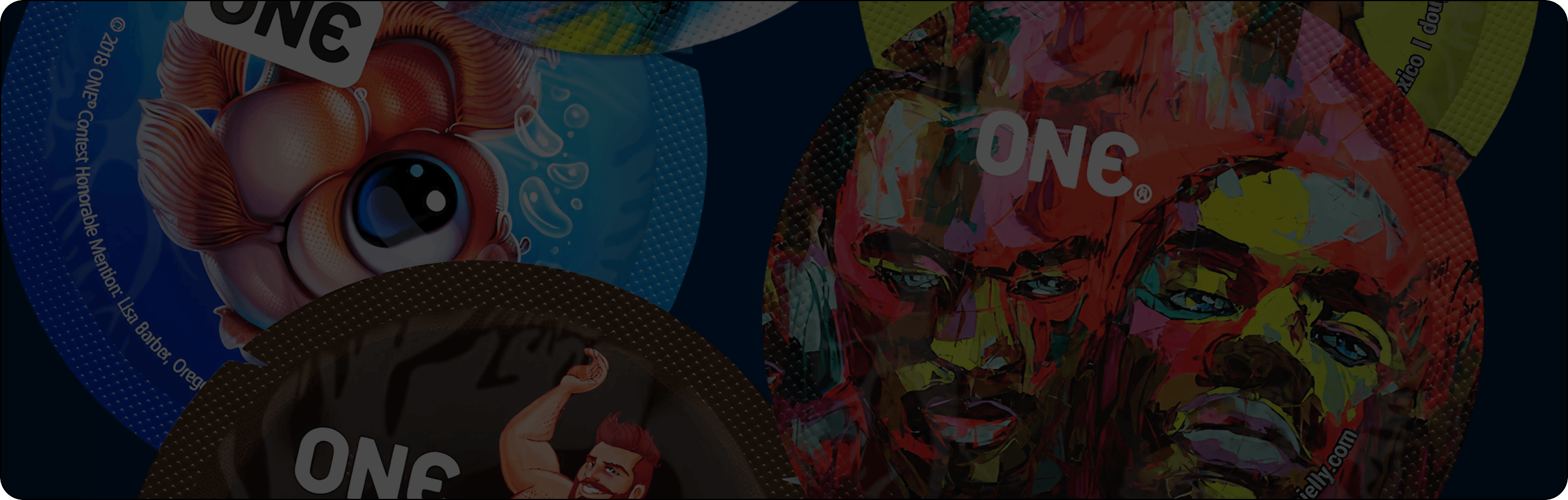 Colorful artwork with a prominent 'ONE' text on a dark background