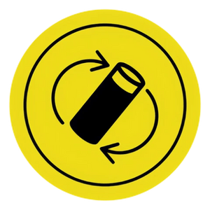 Yellow circular icon with a black trash can and arrows symbolizing recycling on a white background